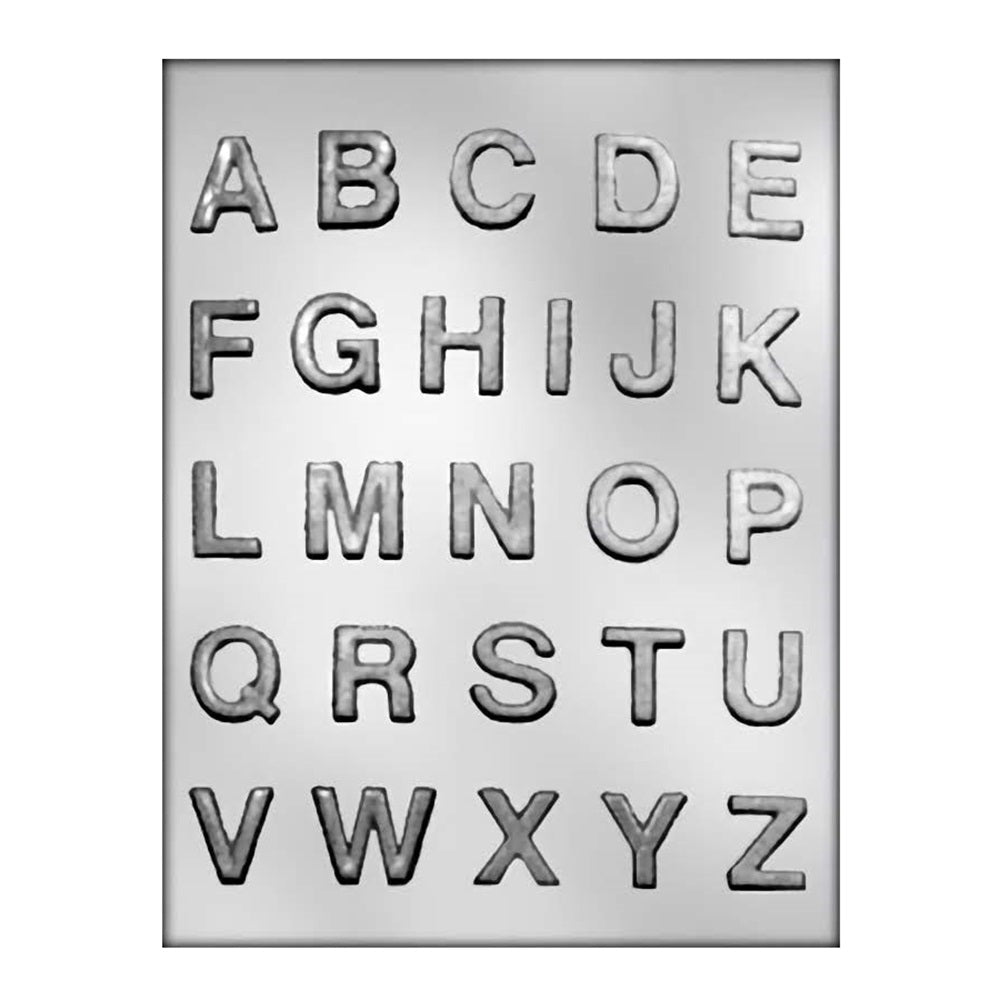 Plastic mold sheet featuring the complete alphabet with individual cavities for each letter, from A to Z. The letters are in uppercase and have a classic font style, ideal for creating alphabet-themed chocolates, fondant pieces, or decorative cake elements. Perfect for educational projects, personalized treats, or celebratory cakes with messages.