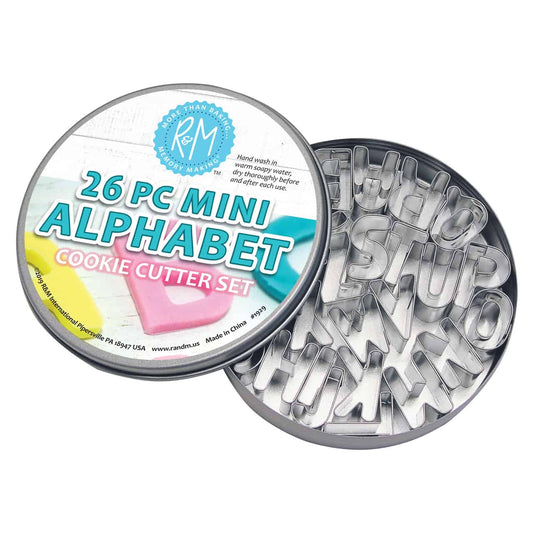 Mini Alphabet Cookie Cutter Set in a round storage tin with 26 steel letter cutters.