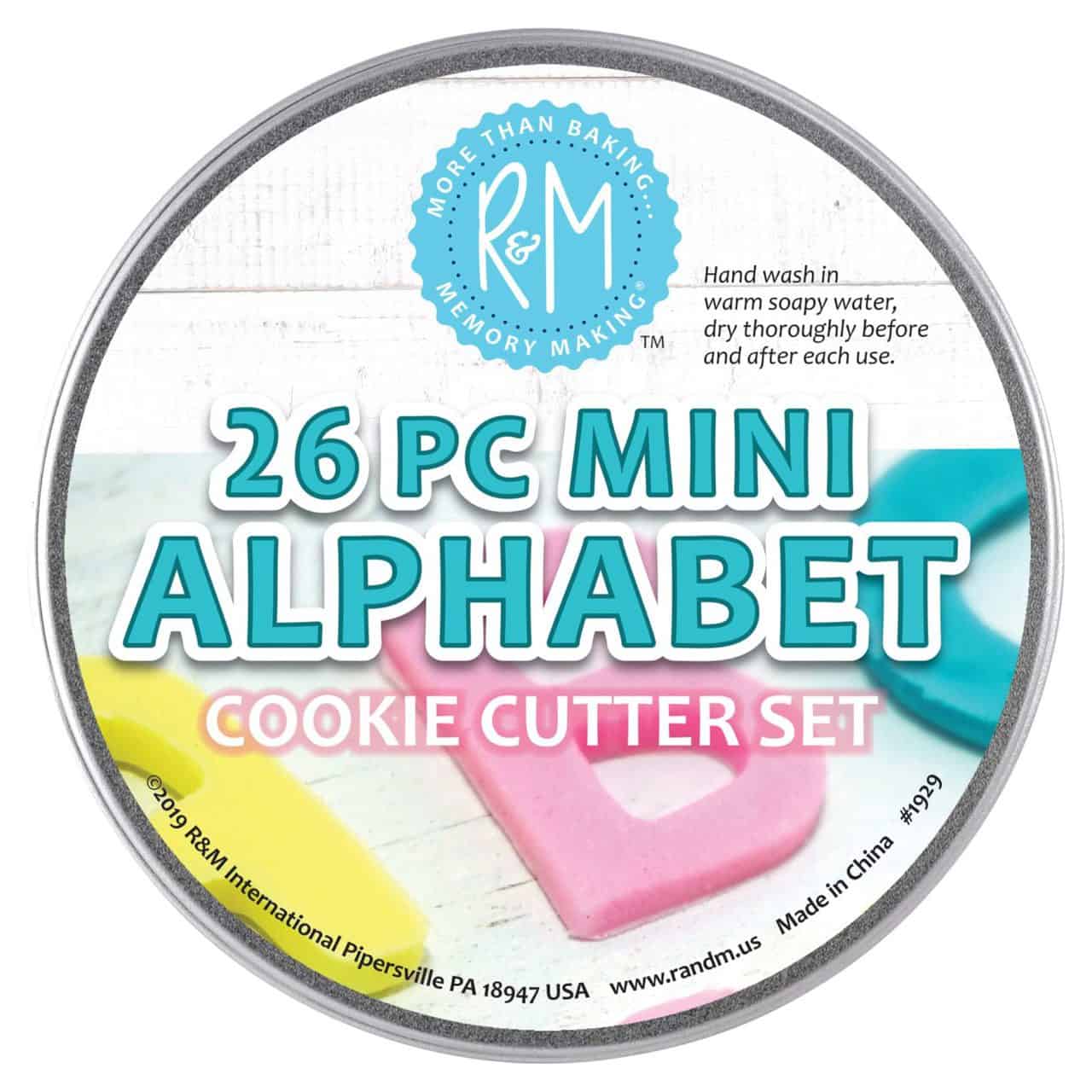 Close-up of the tin for the Mini Alphabet Cookie Cutter Set, featuring a bright and colorful design.