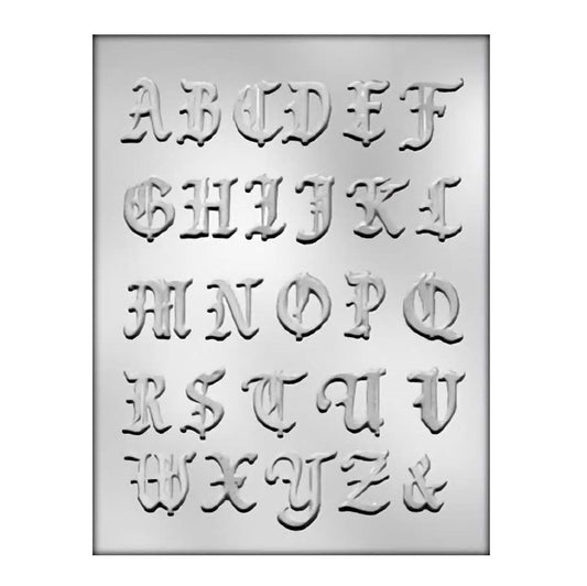 Image of a chocolate mold featuring an assortment of letters in a script font, ideal for personalizing cakes and confections.