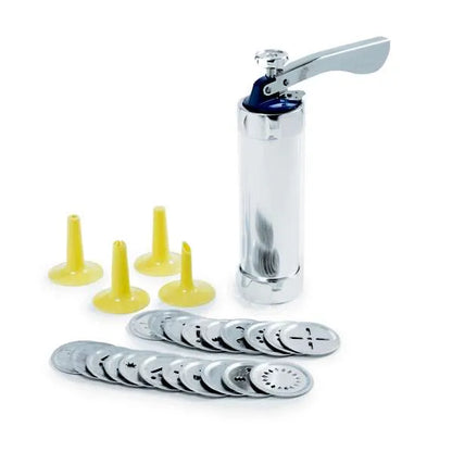 Cookie press with various discs and nozzles.