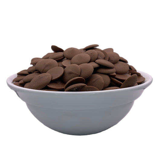 Ambrosia Landmark milk chocolate melting wafers presented from the front, emphasizing their smooth, creamy discs designed for melting, coating, and dessert garnishing