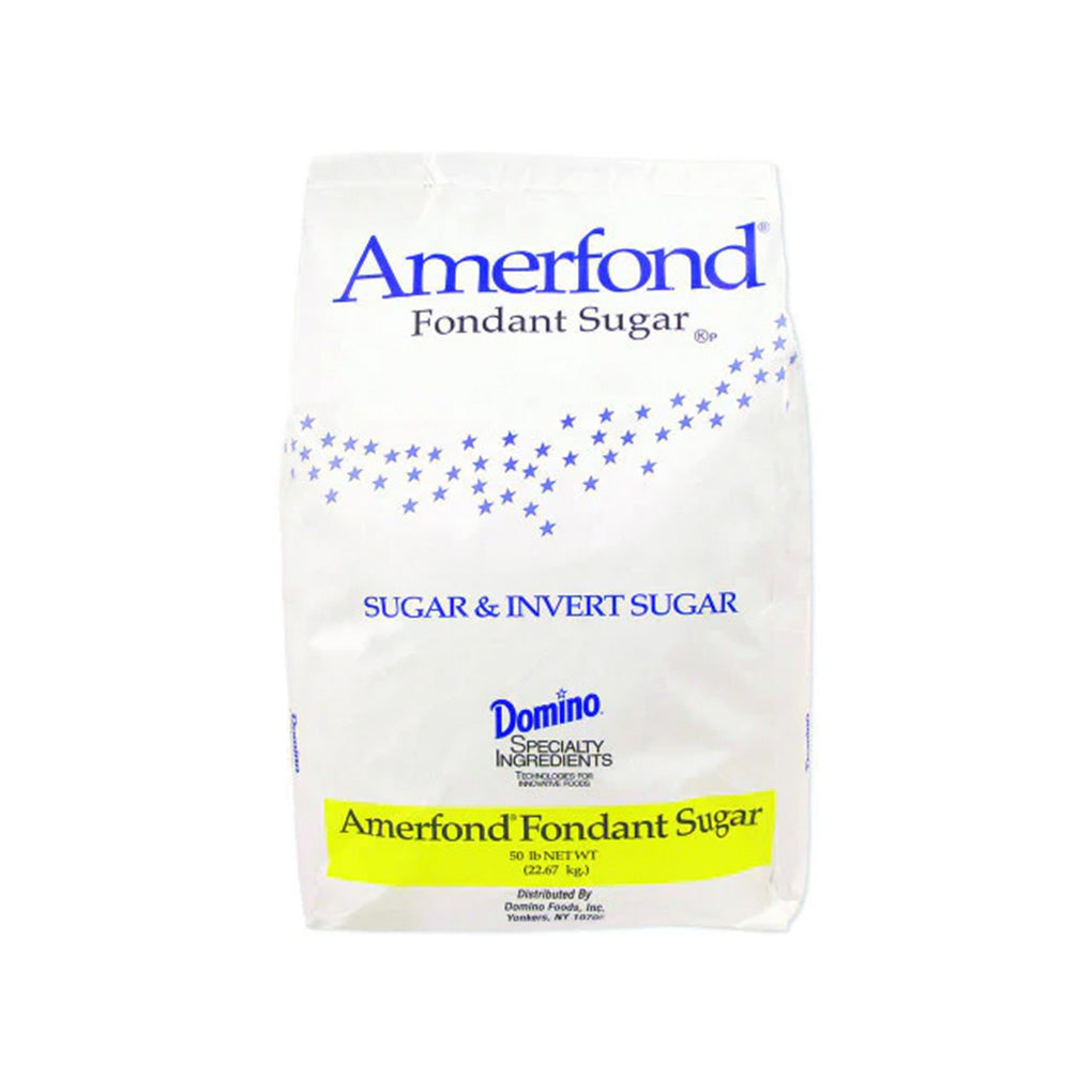 White bag of Amerfond Fondant Sugar with blue “Amerfond” lettering and a band of small blue stars, labeled “Sugar & Invert Sugar,” photographed on a white background.
