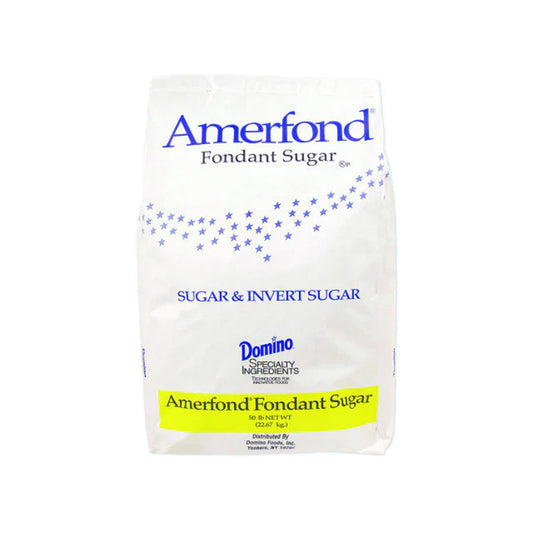 White bag of Amerfond Fondant Sugar with blue “Amerfond” lettering and a band of small blue stars, labeled “Sugar & Invert Sugar,” photographed on a white background.