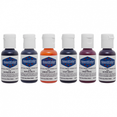 Lineup of six AmeriColor Soft Gel Paste bottles in Super Black, Royal Blue, Lemon Yellow, Leaf Green, Deep Pink, and Super Red from the Basic Six Kit.