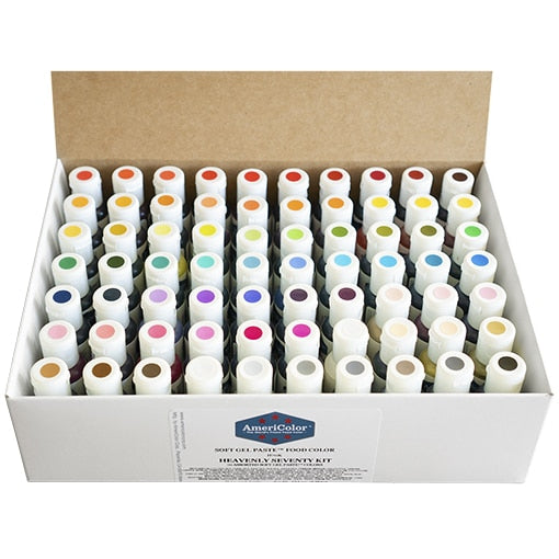 Open box of AmeriColor Soft Gel Paste Heavenly Seventy Kit showing 70 color-coded bottles neatly arranged in rows for a full decorating color spectrum.