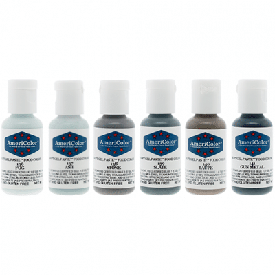 Six AmeriColor Soft Gel Paste bottles from the Nifty Shades of Gray Kit in colors Fog, Ash, Stone, Slate, Taupe, and Gunmetal, displayed side by side.
