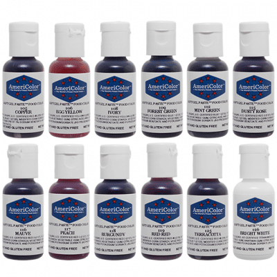 Lineup of 12 AmeriColor Soft Gel Paste bottles from the Student Kit in assorted shades.