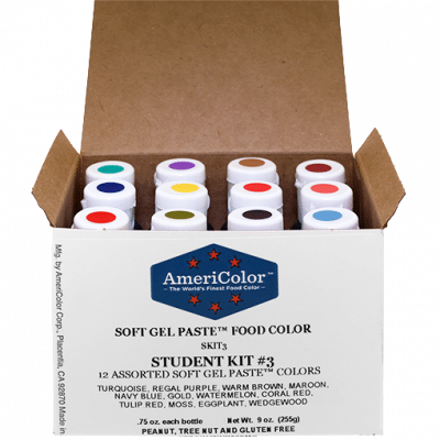 Open box of AmeriColor Soft Gel Paste Student Kit showing 12 color-coded bottles arranged neatly inside, labeled with the kit name and included shades.