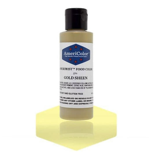 AmeriColor AmeriMist Gold Sheen Airbrush Food Color in a 4.5 oz bottle with a flip-top dispenser.