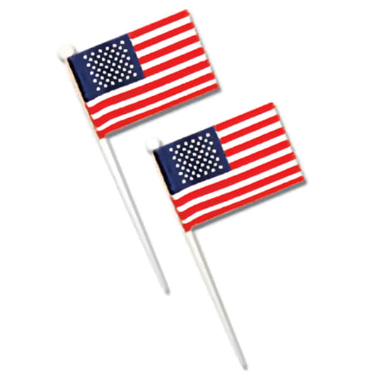 Single American flag cake topper pick, displaying a classic straight flag design, to adorn cakes and large pastries for any USA-themed celebration or event.
