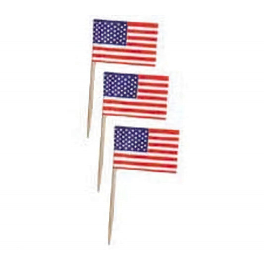 A collection of small American flag cake topper picks, with forty in a package, featuring the iconic stars and stripes, perfect for bulk decorating at veteran fundraisers or patriotic events.
