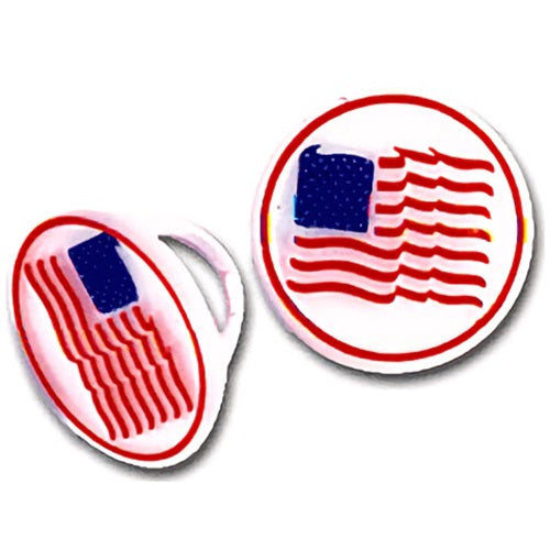 Red and white striped American flag cupcake topper rings with a corner blue field of stars, designed for Independence Day, Veterans Day, or election party desserts.