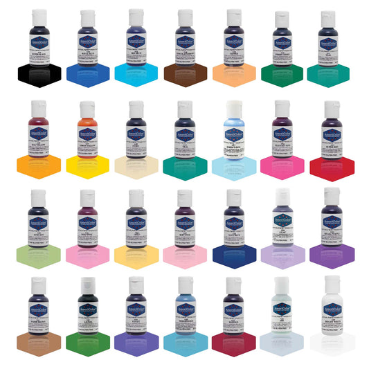 A chart of Amwericolor soft gel food coloring in .75 oz bottles