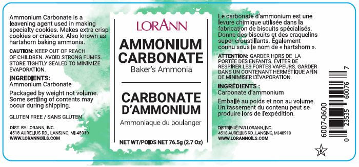 Product label for LorAnn Baker’s Ammonia, showing bilingual information, usage notes, and ingredient list for ammonium carbonate.