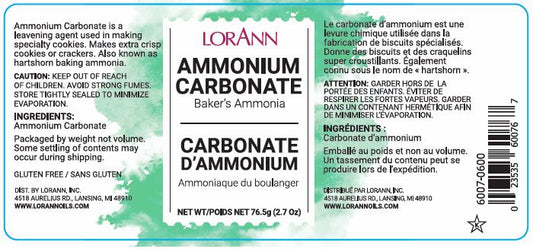 Product label for LorAnn Baker’s Ammonia, showing bilingual information, usage notes, and ingredient list for ammonium carbonate.