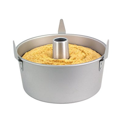 PME 8 x 4 inch angel cake pan with center tube and cooling feet, shown with a golden baked sponge for tall, airy cakes.