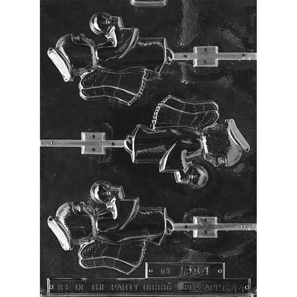 Clear plastic angel holding candle chocolate lollipop mold on dark background, with multiple side-profile angels in hats and feathered wings for Christmas candy making.