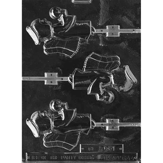 Clear plastic angel holding candle chocolate lollipop mold on dark background, with multiple side-profile angels in hats and feathered wings for Christmas candy making.