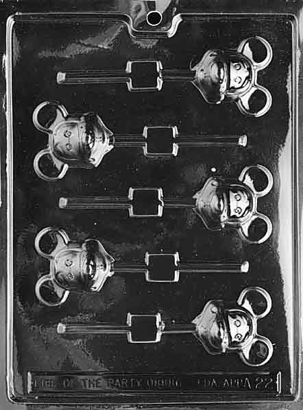 Plastic candy mold with five lollipop cavities shaped like a smiling cartoon mouse face with large round ears, designed for making chocolate or candy pops.