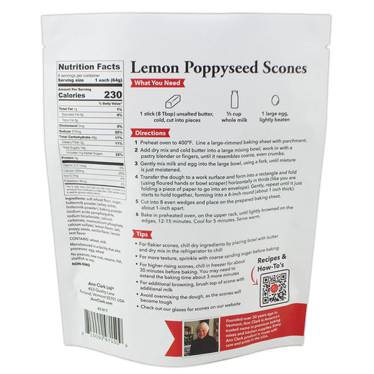 Back of Ann Clark Lemon Poppyseed Scone Mix package showing directions, ingredients, nutrition facts, and baking tips.