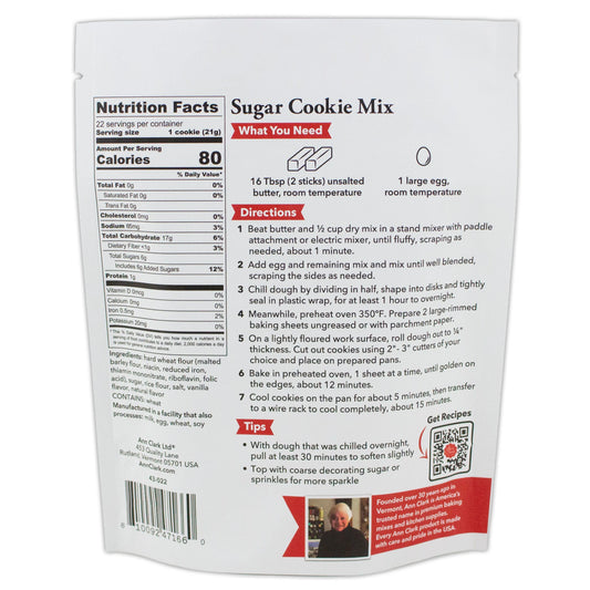 Back of Ann Clark Sugar Cookie Mix bag showing directions, ingredients, nutrition facts, and baking tips for perfect cut-out cookies.