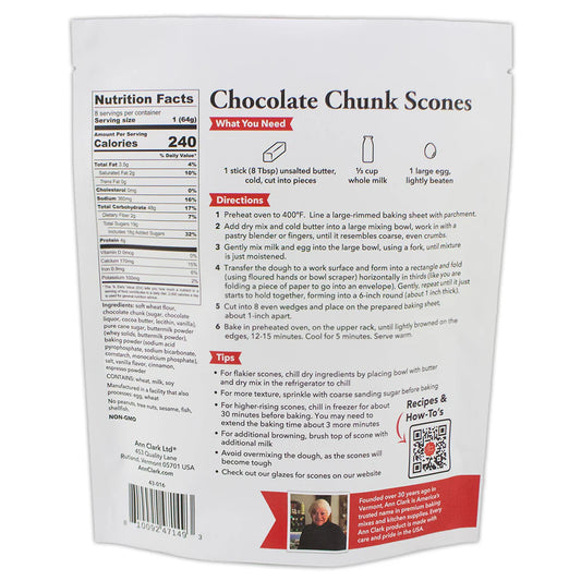 Back of Ann Clark Chocolate Chunk Scone Mix showing ingredients, baking directions, nutrition facts, and preparation tips.