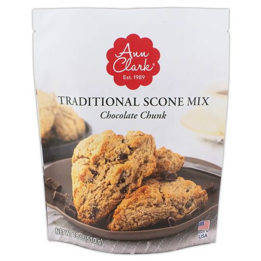 Front of Ann Clark Chocolate Chunk Scone Mix package featuring golden scones with visible chocolate chunks on a brown plate, with the brand’s signature red logo.