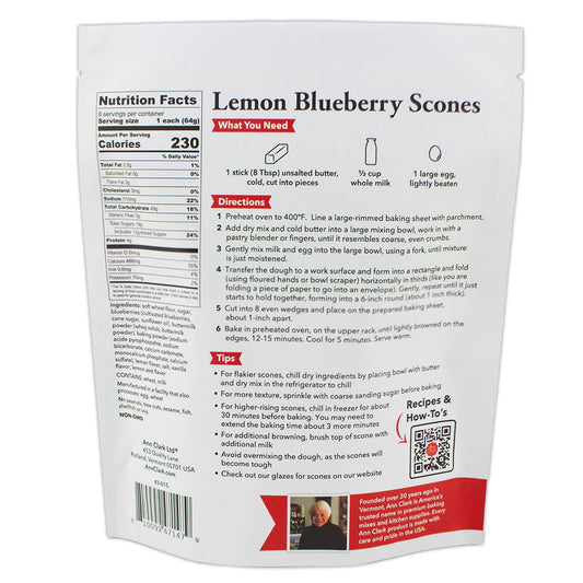 Back of Ann Clark Lemon Blueberry Scone Mix bag showing baking directions, ingredients, nutrition facts, and tips for best results.