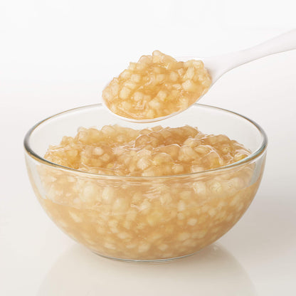 Classic apple cake and pastry filling, ready to use in sealed packaging, contains tender apple pieces enrobed in a cinnamon-spiced syrup, ready to be used in creating homestyle apple pies or Danish pastries.