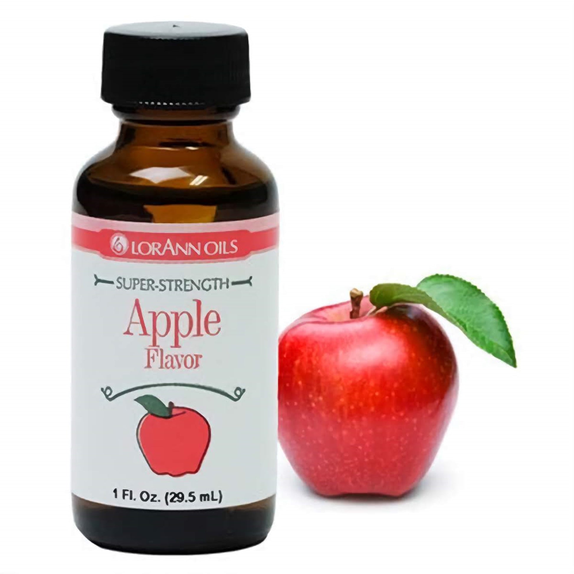 A bottle of LorAnn Oils Super Strength Apple Flavor, 1 fl oz, displayed next to a fresh, red apple with a green leaf, indicating the natural flavor inspiration.