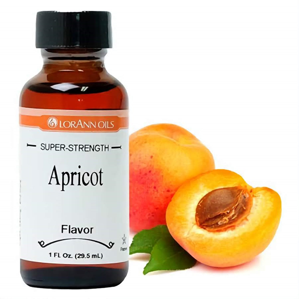 1 fl oz bottle of LorAnn Oils Super Strength Apricot Flavor, with a ripe apricot fruit halved to reveal its stone, highlighting the authentic fruit essence.