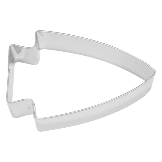 Silver metal arrowhead-shaped cookie cutter on a white background, pointed tip facing right with a notched base and smooth curved sides.