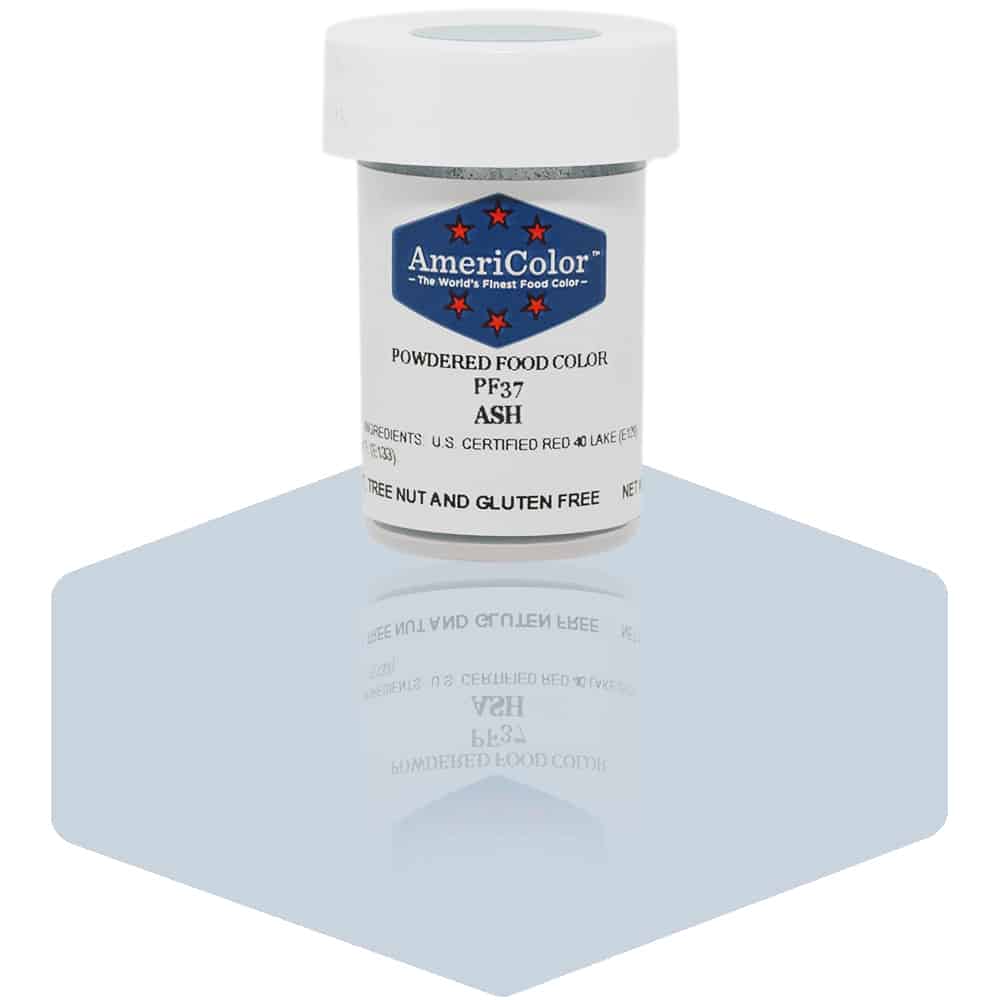 AmeriColor Ash powdered food coloring 3 gram jar showing cool gray powder for buttercream, chocolate, and fondant decorating.