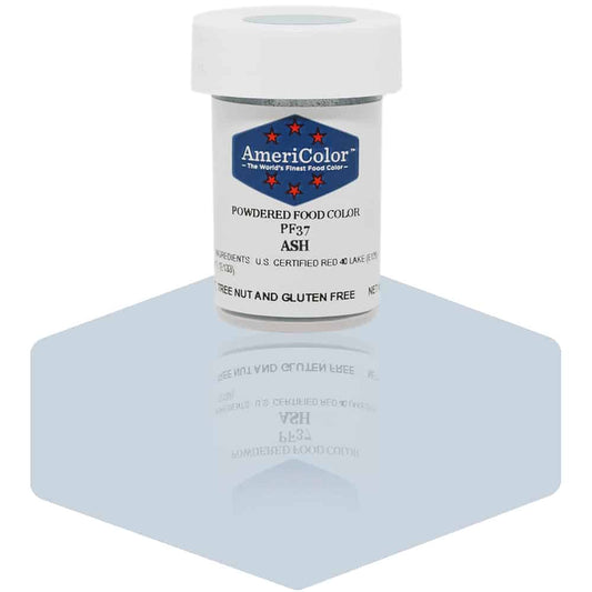AmeriColor Ash powdered food coloring 3 gram jar showing cool gray powder for buttercream, chocolate, and fondant decorating.