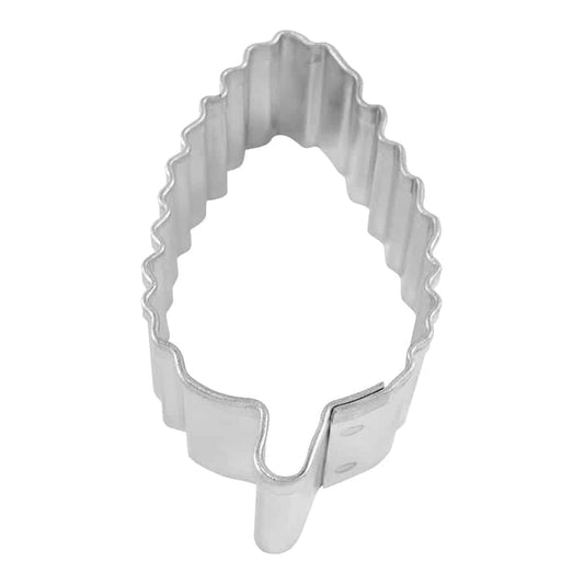 A detailed view of a silver aspen leaf-shaped cookie cutter, showcasing the serrated edges for intricate designs.