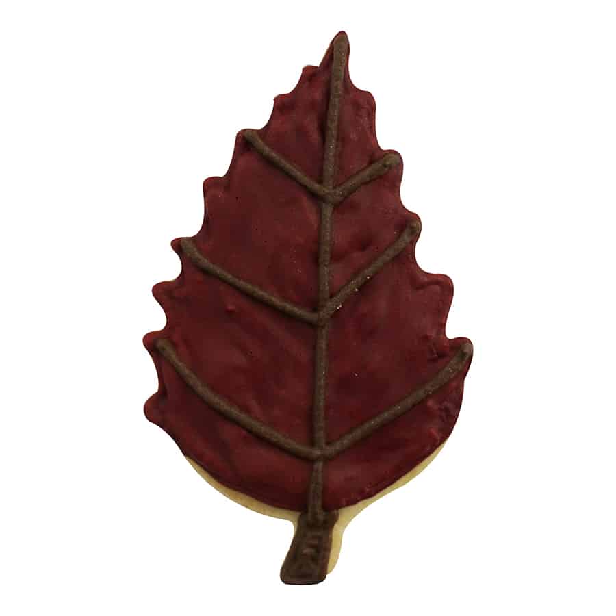 Aspen leaf-shaped sugar cookie decorated with rich red icing and brown vein details.