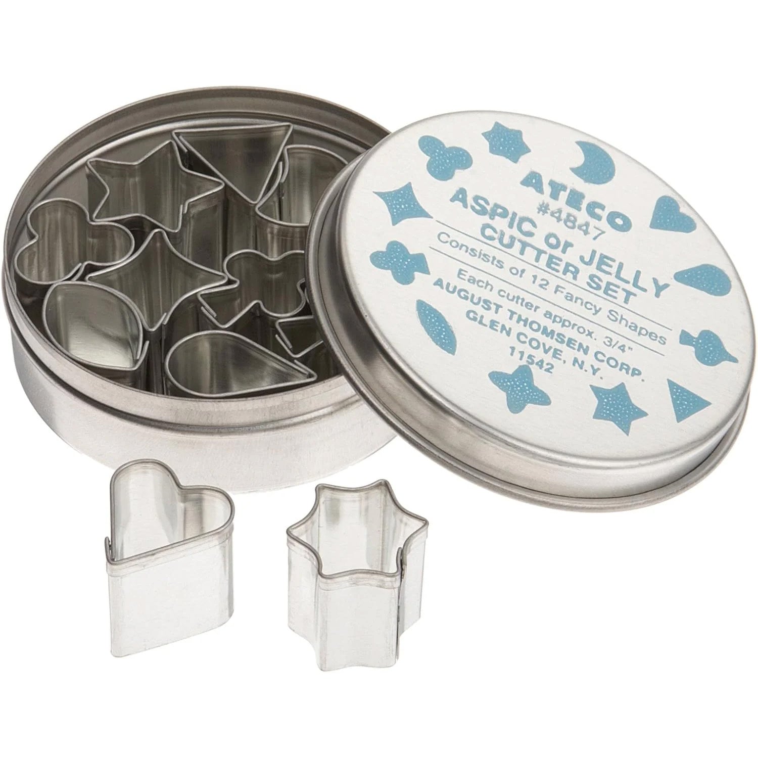 Round metal storage tin labeled “Ateco Aspic or Jelly Cutter Set” with assorted small metal cutters inside, plus two cutters (heart and star) shown in front.