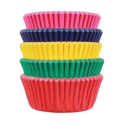 Stack of PME Carnival cupcake baking cases in bright assorted colors including pink, blue, yellow, green, and red.