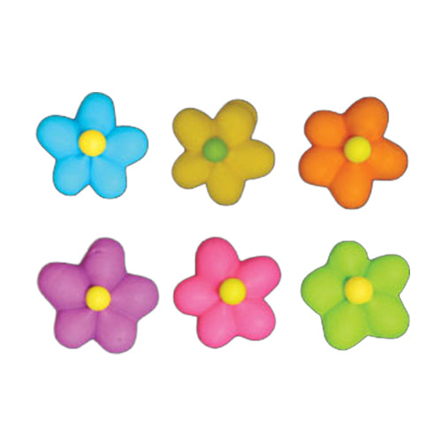 Assorted neon royal icing flowers in bright blue, yellow, orange, purple, pink, and green, each with a yellow center, ideal for decorating cakes and cupcakes.