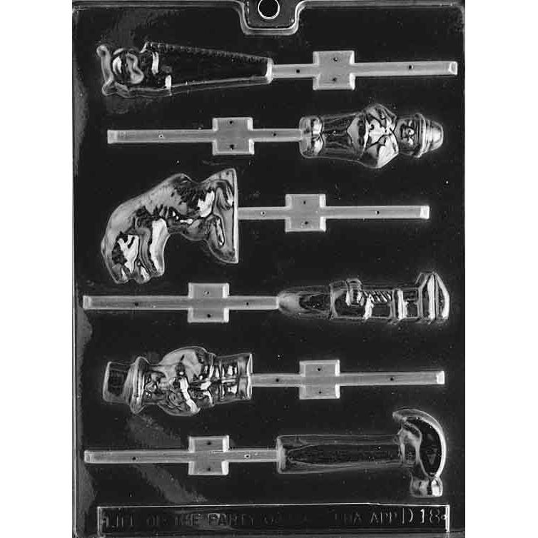 Assorted tools chocolate lollipop mold with multiple tool-shaped cavities and built-in stick channels, including wrench and hammer styles.
