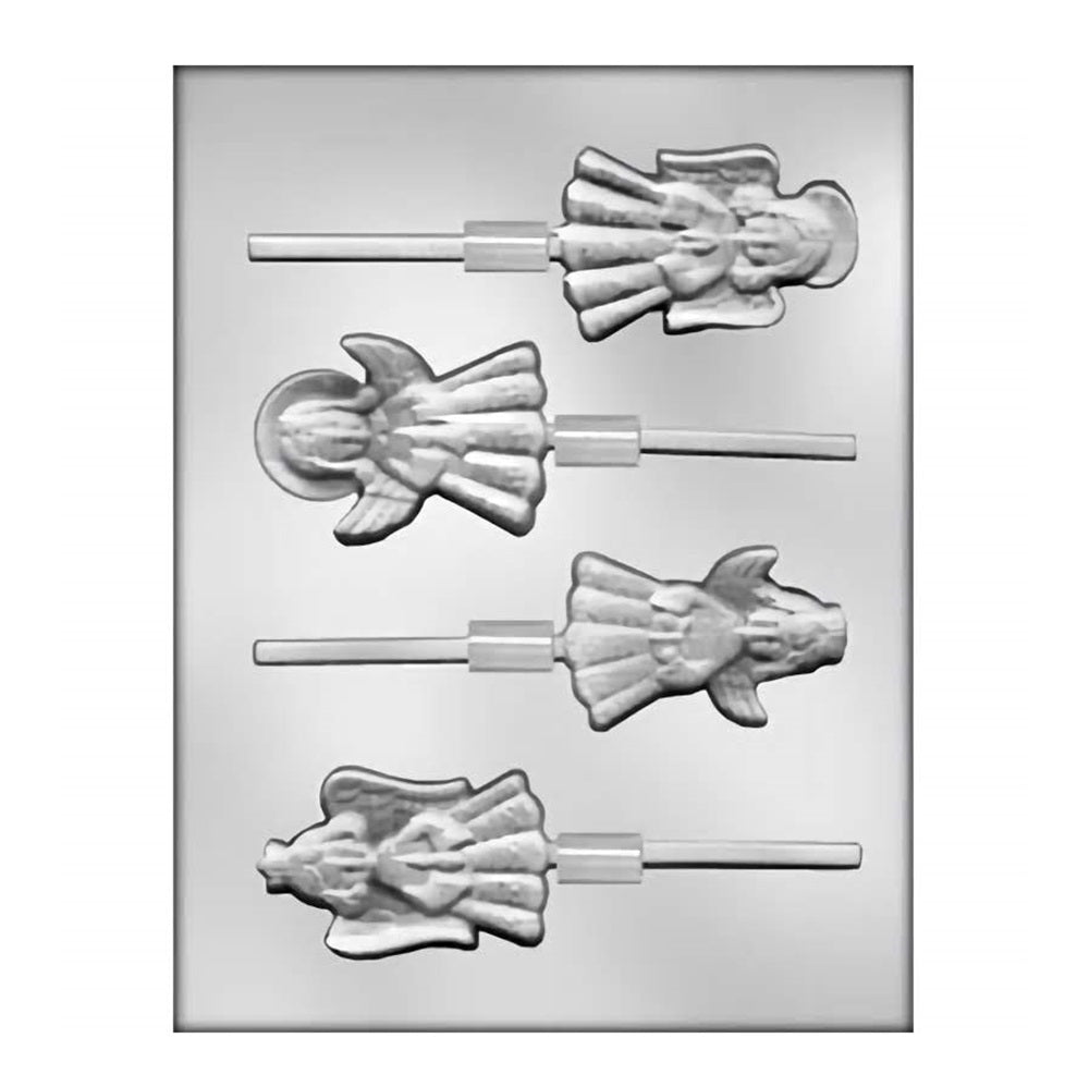 A collection of angelic figures in various poses grace this chocolate lollipop mold, each angel depicted in a serene stance with beautifully detailed wings, perfect for religious celebrations or as a heavenly sweet.