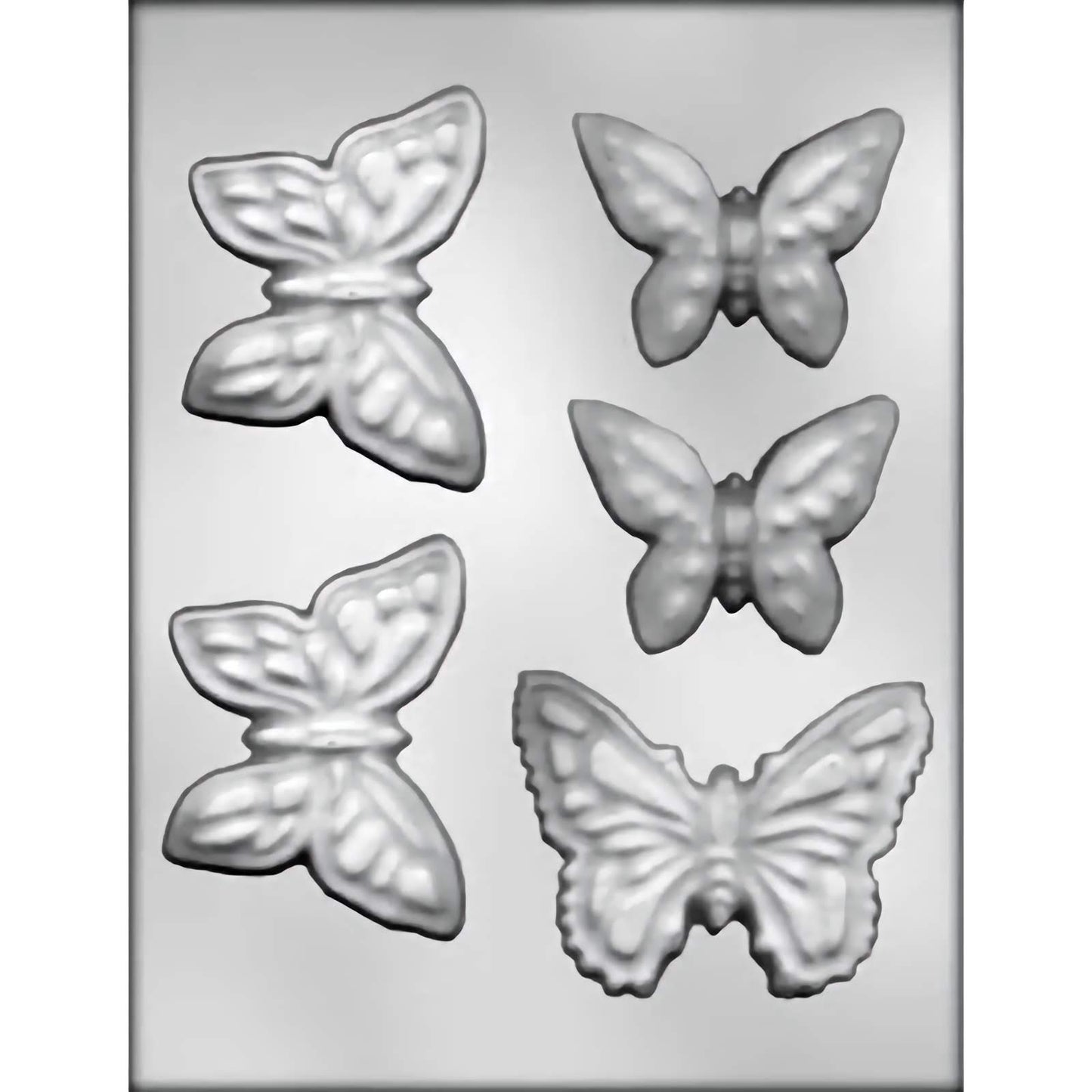 Image shows a high-quality gray-scale photo of a chocolate mold designed with five butterfly cavities, detailing the intricate wing patterns suitable for chocolate and candy coatings.