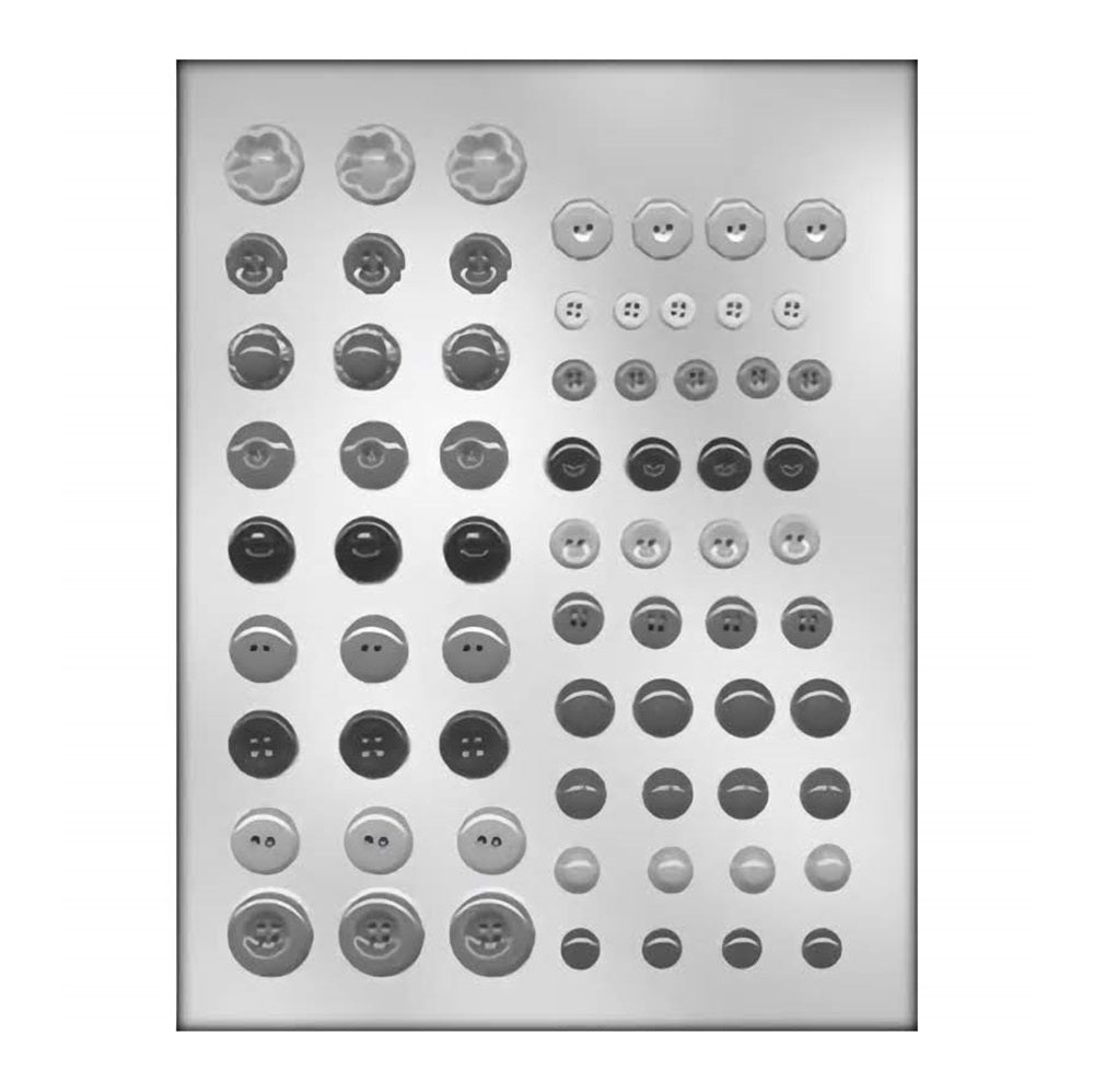 This is a detailed mold designed to create chocolate buttons, featuring an assortment of sizes and styles. From classic four-hole buttons to decorative designs, this mold allows for the creation of realistic button-shaped chocolates, suitable for sewing enthusiasts or as novel edible crafts.