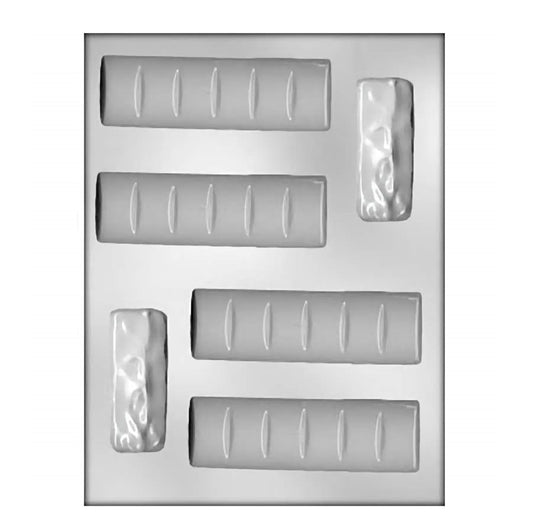 Chocolate mold featuring an assortment of candy bar shapes, with indented lines for easy breakage. The mold includes two rectangular bars with a smooth finish and two with a textured, rippled effect, perfect for customizing handmade chocolate bars.