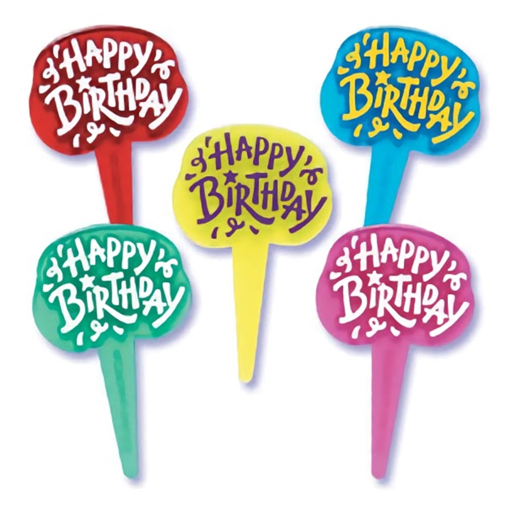 Happy Birthday cupcake topper picks in assorted vibrant colors, designed with a starburst pattern around the text, perfect for adding a pop of color and excitement to any birthday dessert.