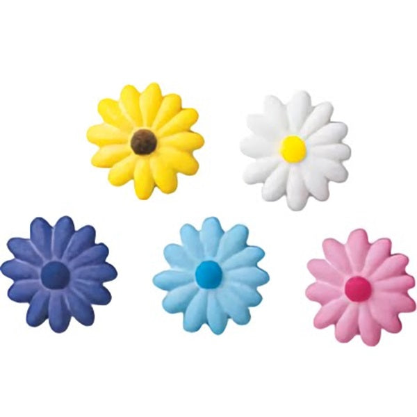 Set of five multicolored royal icing daisies with delicate petals and contrasting centers, offering a cheerful addition to any confectionery decoration.