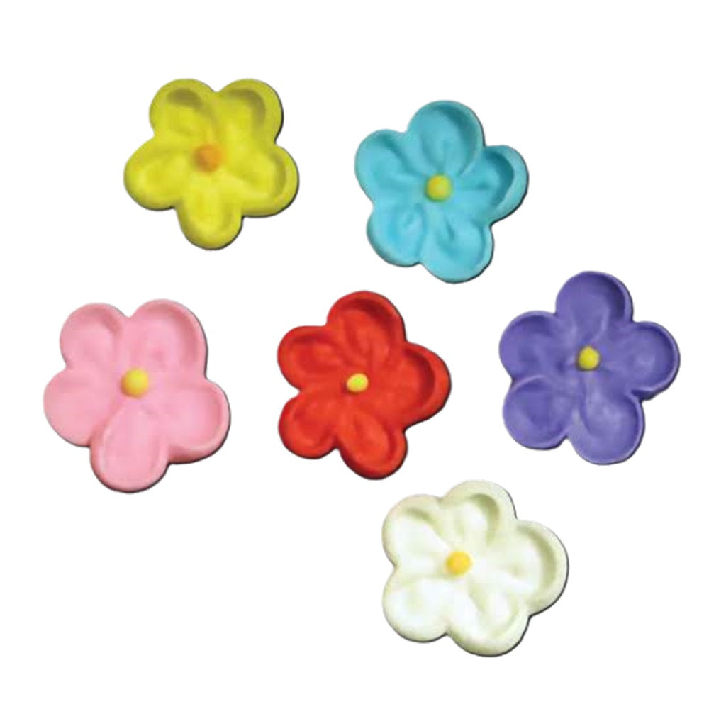 An assortment of colorful royal icing flowers in yellow, blue, pink, red, purple, and white, each with a contrasting yellow center, designed for cake and confectionery decoration.