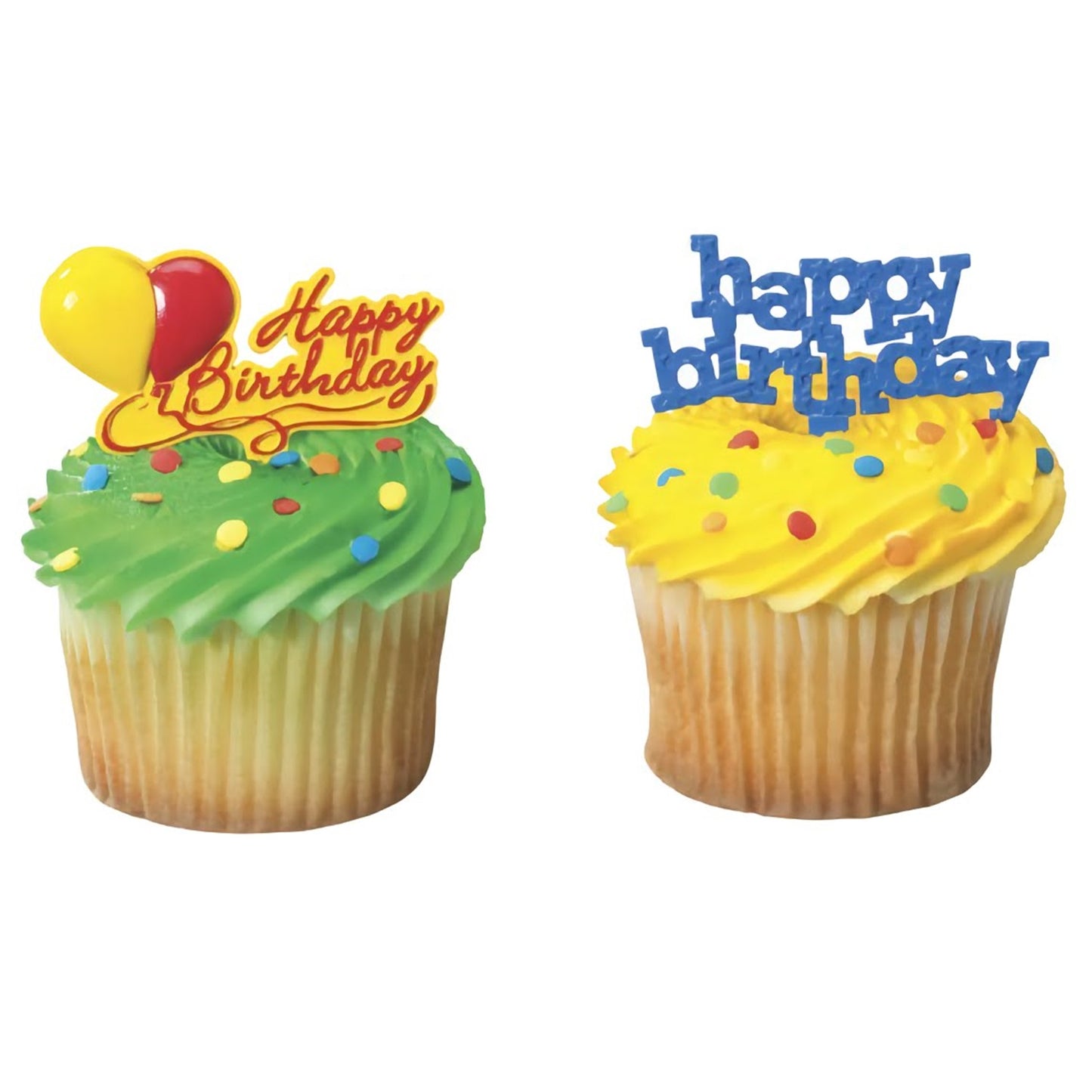 Assorted 'Happy Birthday' cupcake topper picks in various bright colors and bubble lettering, ideal for adding a fun and personalized touch to birthday cupcakes.