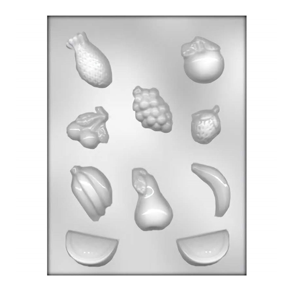 A versatile chocolate mold featuring an assortment of fruit shapes, including a strawberry, lemon, bunch of grapes, apple, pear, banana, and citrus segments. Ideal for creating a variety of fruit-themed chocolates that can be used for garnishing desserts, as edible decorations for cakes and cupcakes, or simply enjoyed as sweet treats.